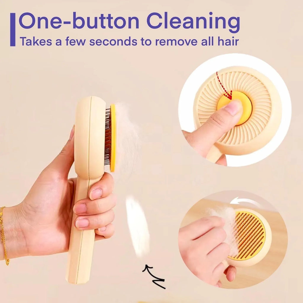 Blue pet grooming brush with metal angled needles and a self-cleaning button on the plastic handle.