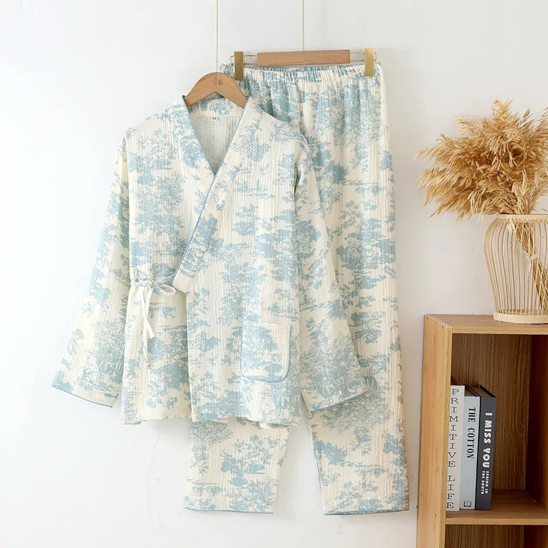 Women's pure cotton gauze loungewear set with lace-up trousers in frosted pine tree colours
