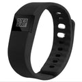 Bracelet pedometer with black plastic and ABS band showing display tracking steps, distance, calories and time