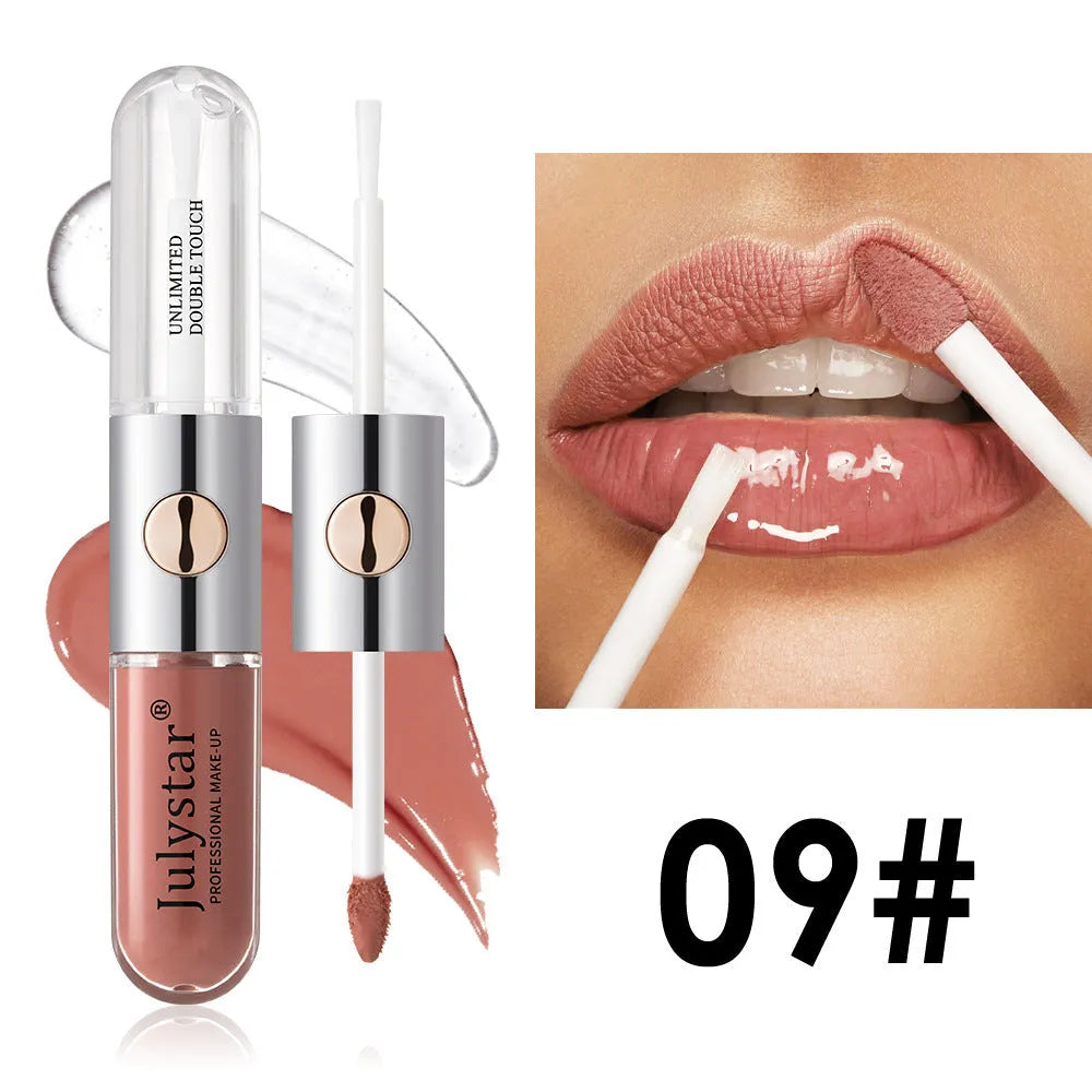 Women's lasting lip gloss tube showing available colours with 6ml moisturising formula