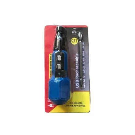 Black and blue alloy steel straight handle 36V electric screwdriver on a workbench.
