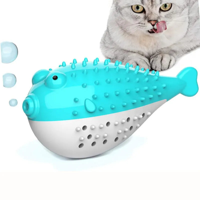 Silicone fish-shaped cat chew toy in blue, measuring 12.2 cm long for interactive play and teeth cleaning