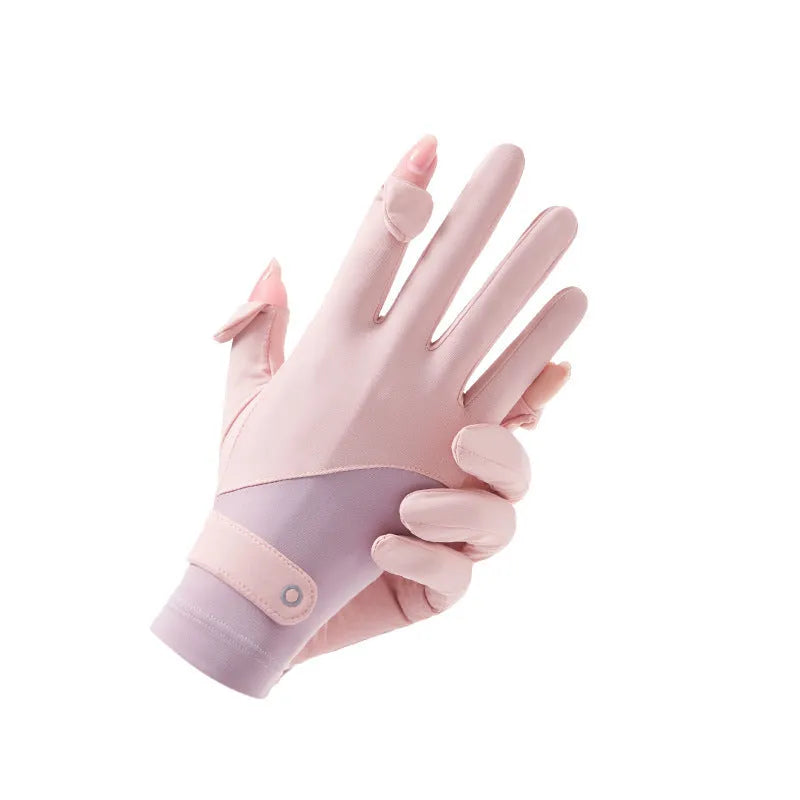 Women's thin ice silk sunscreen gloves with UPF50 protection in multiple colours