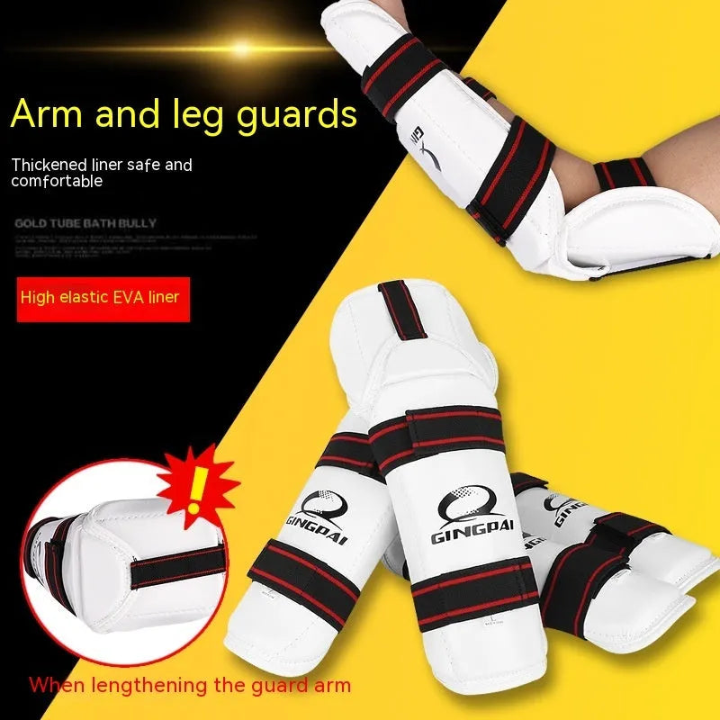 Taekwondo protective set showing black leg guards, arm guards, and elbow guards made from PU and EVA foam materials.