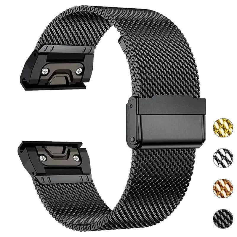 Silver stainless steel card-link watch strap for Garmin Fenix watches on a grey background.