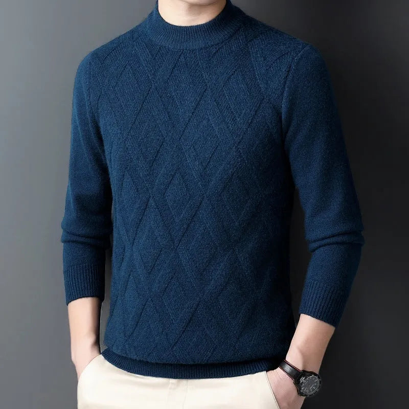 Men's thick diamond jacquard winter sweater in wool blend shown in light camel colour