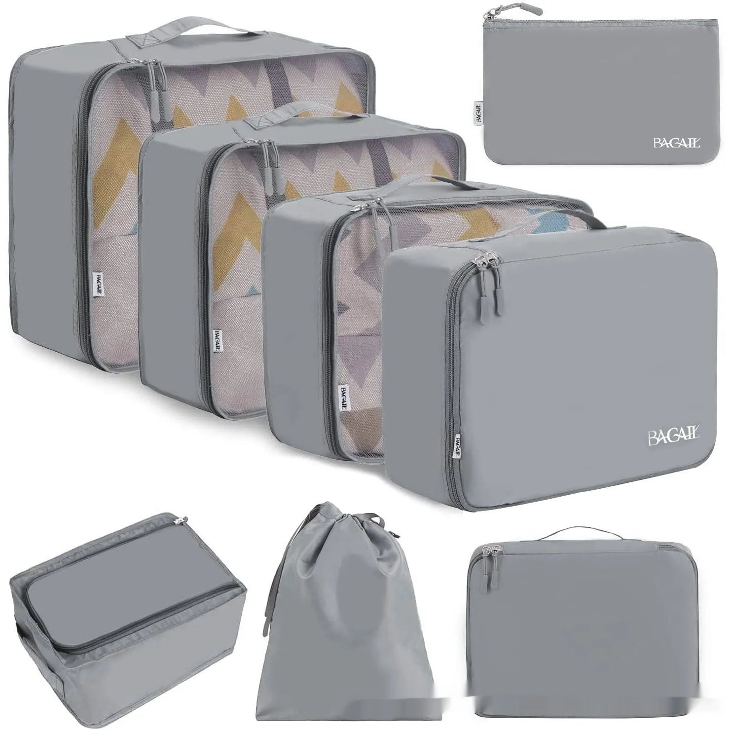 Set of eight cubic travel packing bags for underwear organisation in various colours including solid shades and patterns