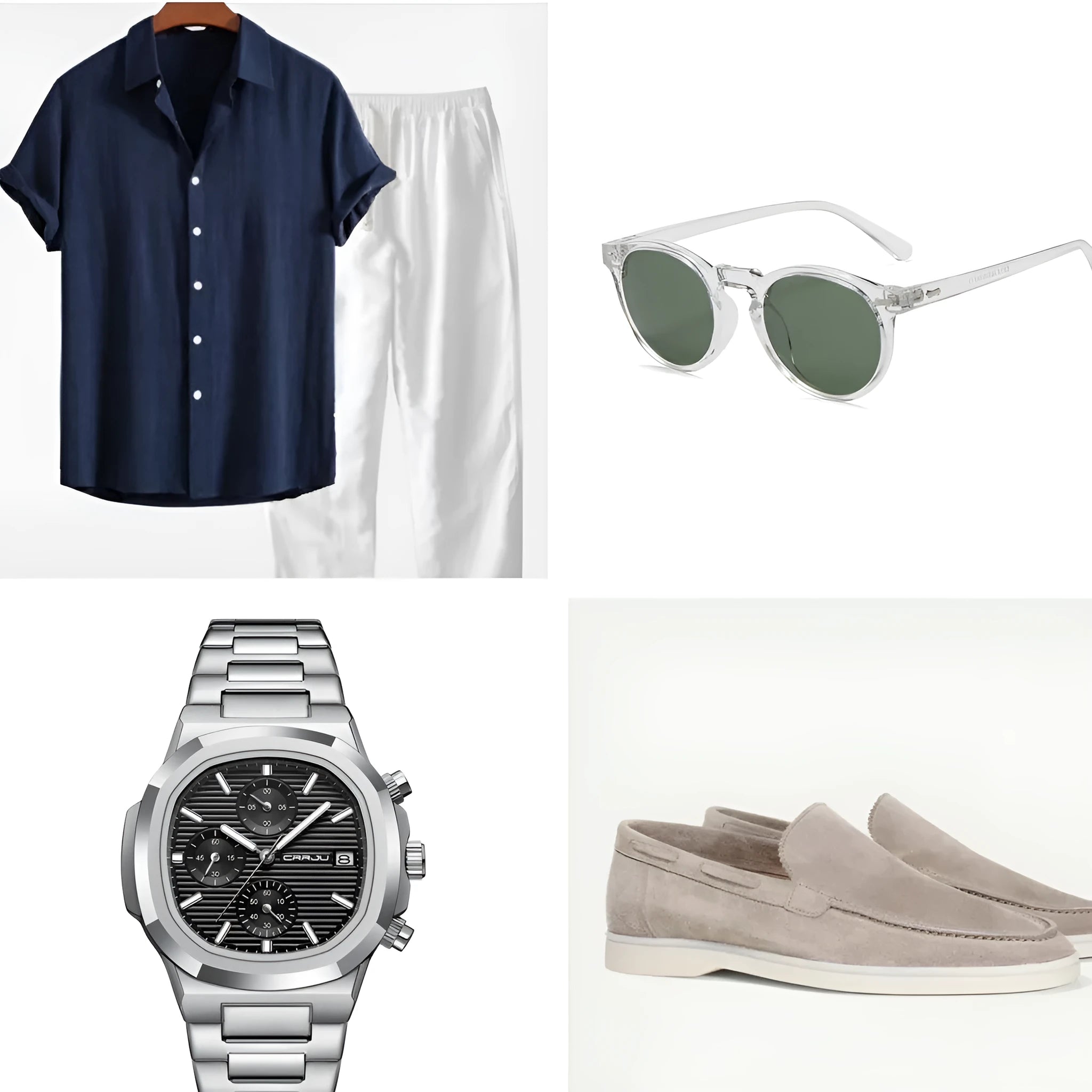 Men's casual cotton linen beachwear set with short sleeve shirt, matching shorts, and accessories including glasses, shoes, and watch