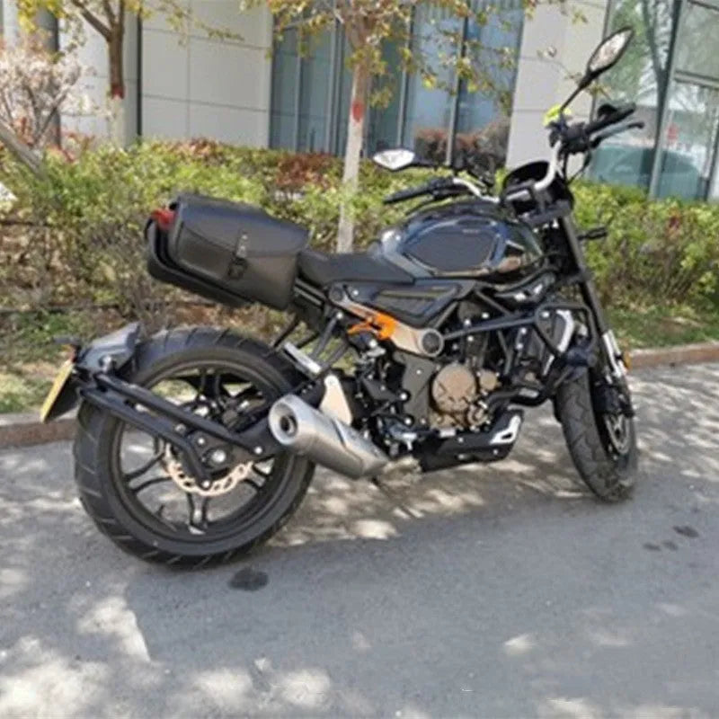 Black PU leather motorcycle swingarm saddlebag mounted on Harley Sportster