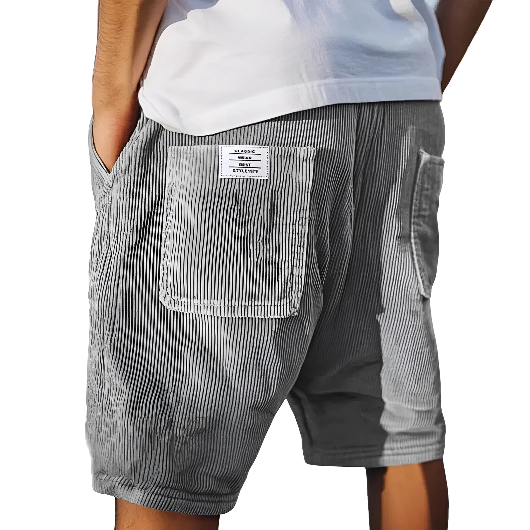 Men's grey corduroy shorts with multiple pockets and embroidery detail on leg, laid flat.