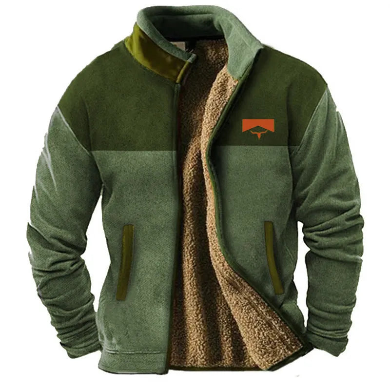 Men's green polyester fleece padded coat on a hanger, showing regular fit and front zip.