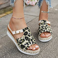 Leopard print wedge platform sandals with a fish mouth toe on a rubber sole.