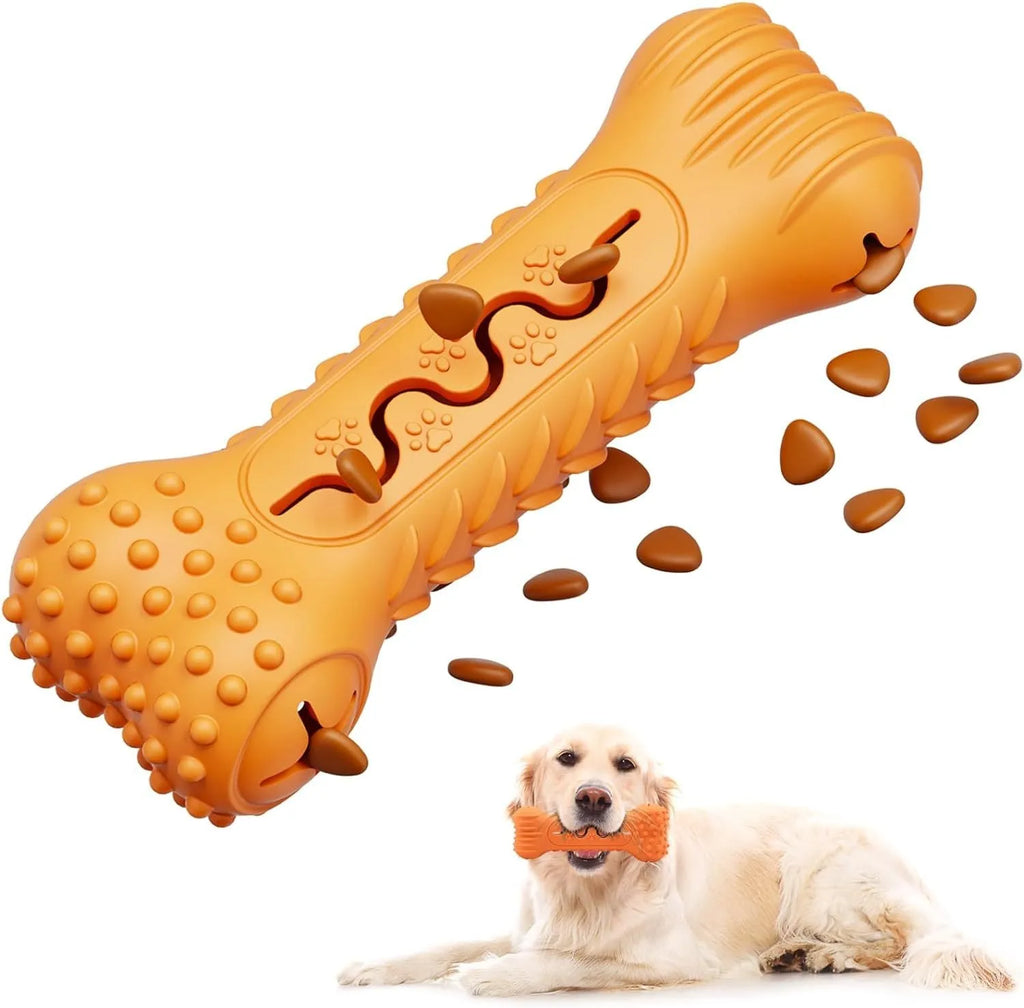 Natural rubber bone-shaped dog chew toy in blue, green, and orange colours