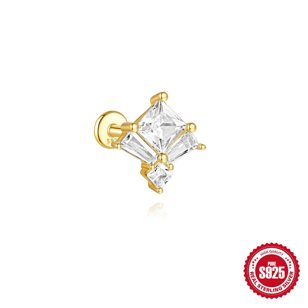 S925 sterling silver double ear piercings stud earrings with zircon inlaid chain in golden geometric designs