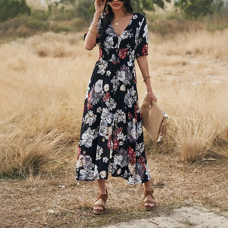 Women's floral print V-neck dress with elastic high waist and short sleeves in yellow