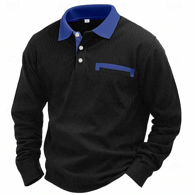 Men's long-sleeved waffle polo shirt in solid colour with asymmetric design details