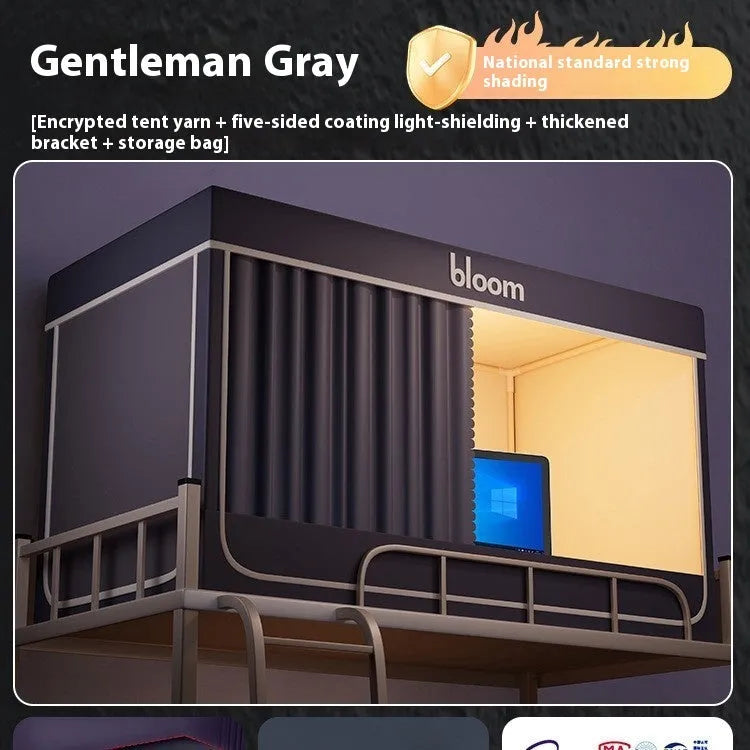 Gentleman grey polyester bed curtains with integrated mosquito net for a 0.9m wide bed.