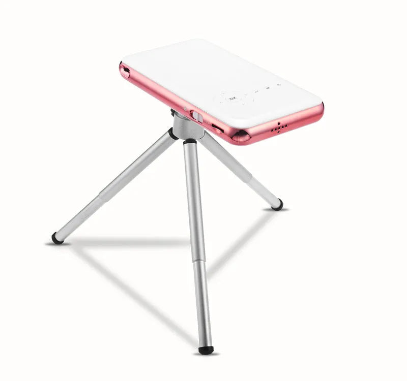 White and rose gold miniature portable Android projector showing compact 145mm size with smart DLP technology