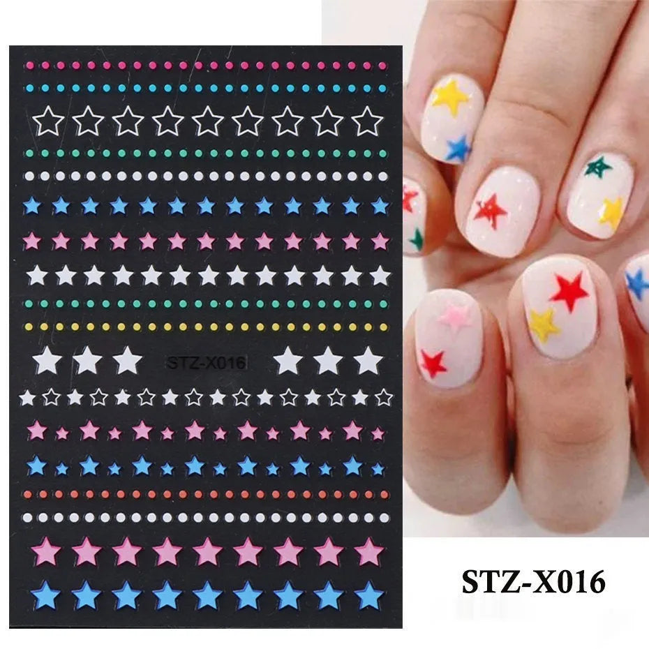 Sheet of black and silver stripe nail art stickers from a cartoon series for DIY manicures.