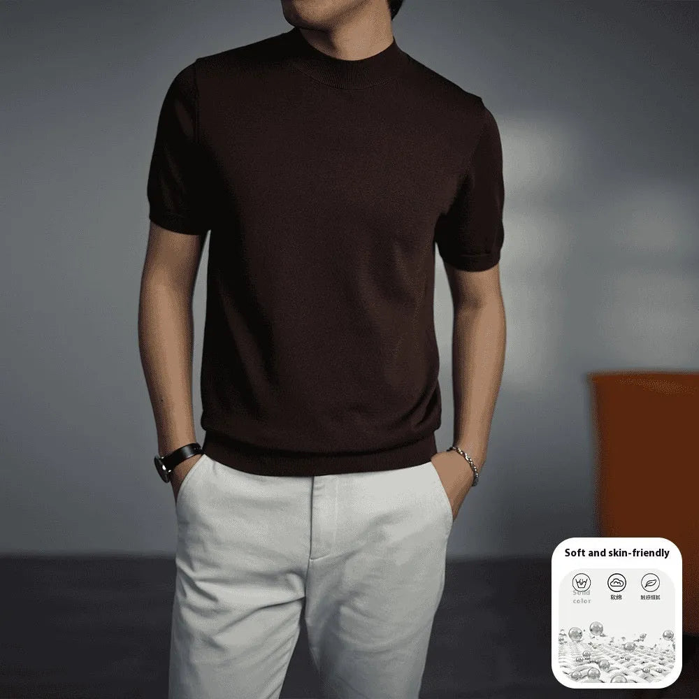 Men's knitted round neck T-shirt in chemical fibre blend with non-ironing treatment