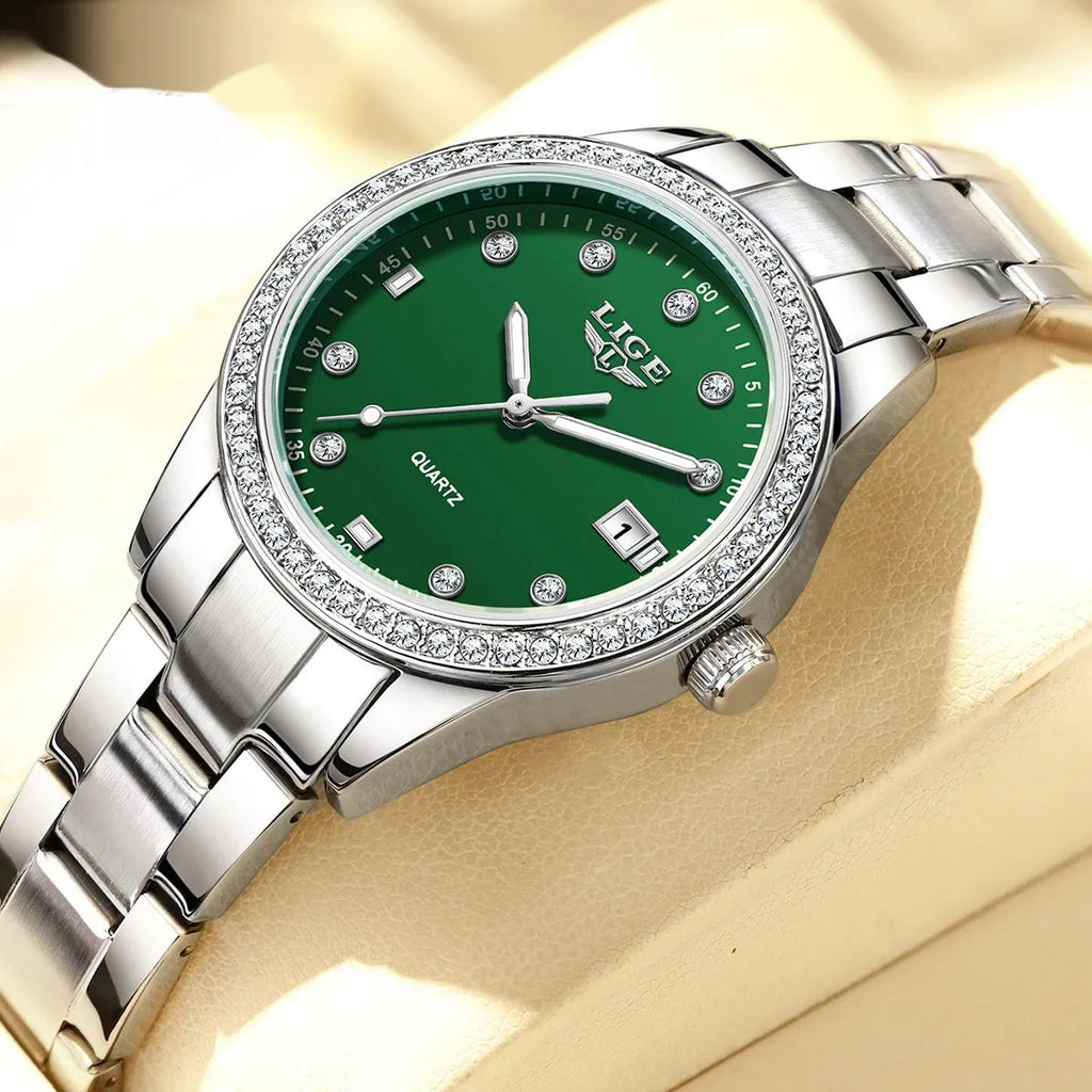 Women's silver fashion watch with diamond bezel, luminous hands and round dial