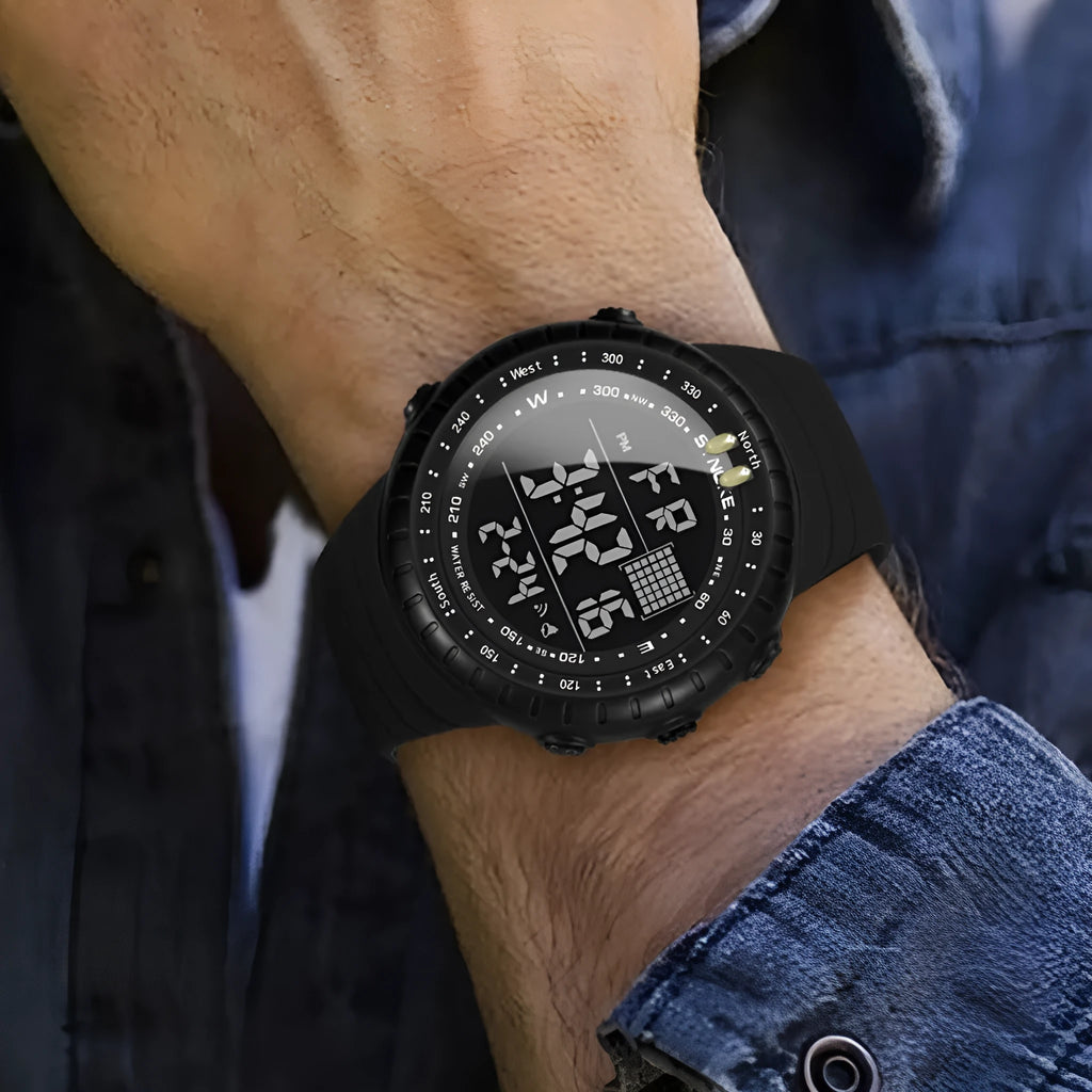 Men's black waterproof outdoor electronic watch with large 54.74mm dial and adjustable PU strap