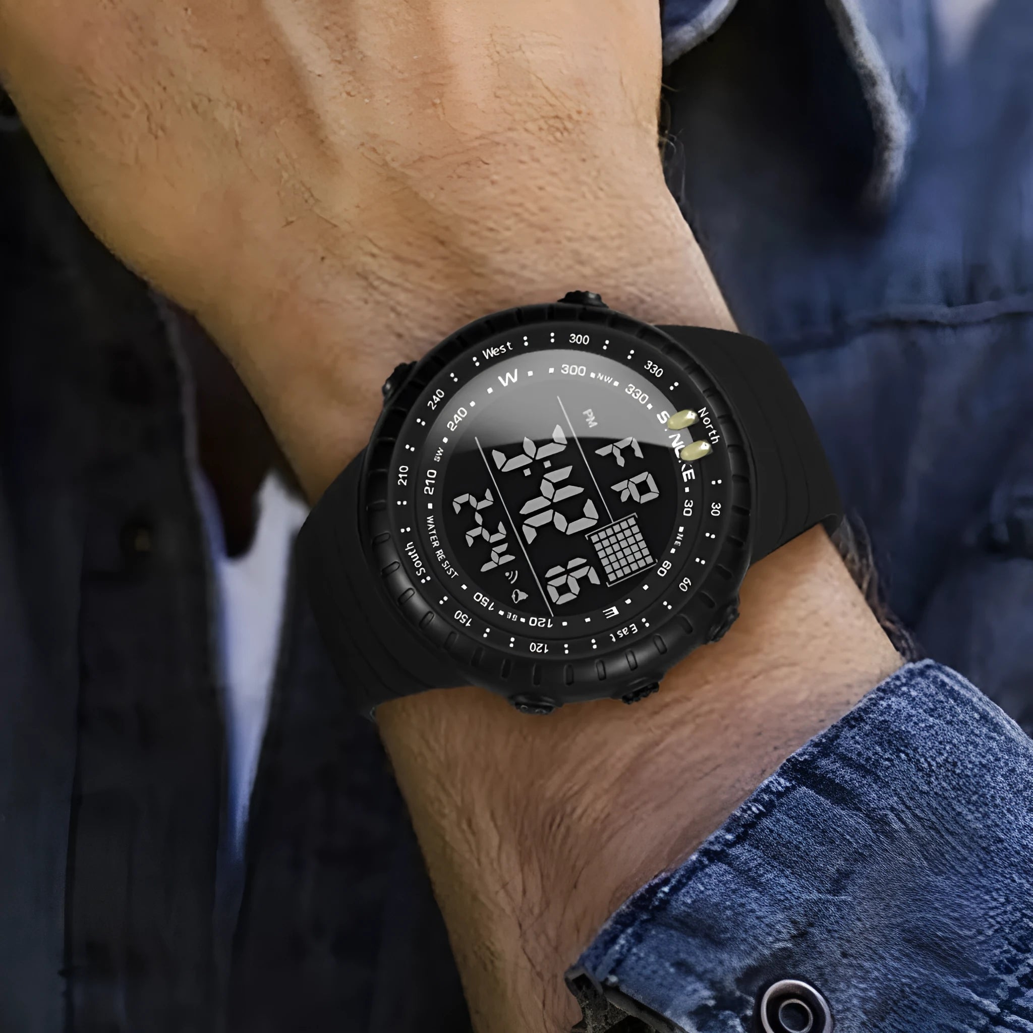 Men's black waterproof outdoor electronic watch with large 54.74mm dial and adjustable PU strap