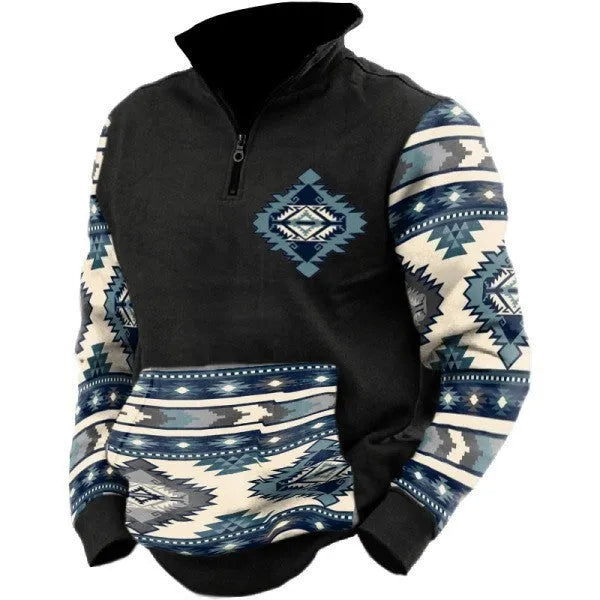 Digital print stand collar men's street zip-up hoodie in polyester air layer fabric loose fit