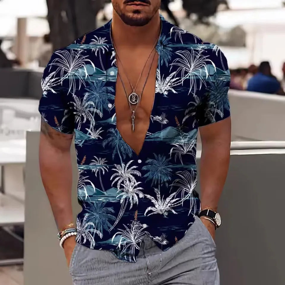 Man wearing a loose-fit floral print short sleeve cardigan shirt in a casual setting.