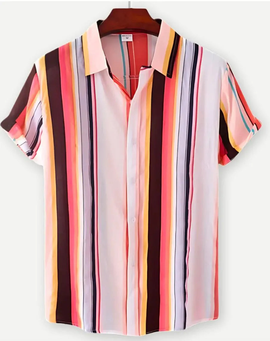 Hawaiian print short sleeve shirt with lapel collar showing floral digital printing on elastic polyester fabric