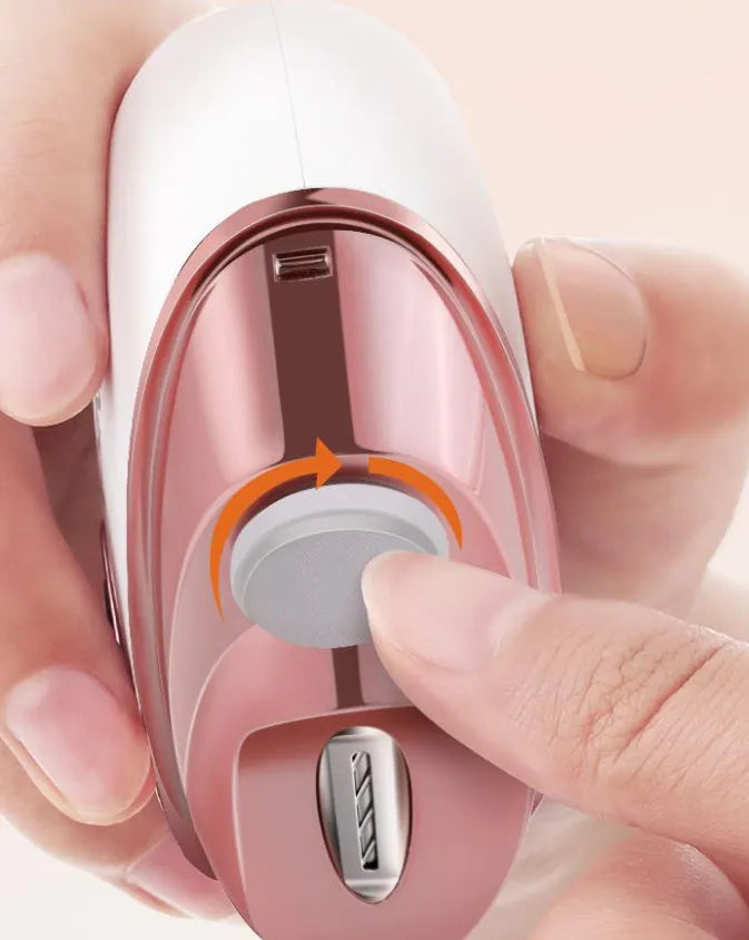 Blue electric nail clipper and polisher two-in-one tool with USB-C charging port