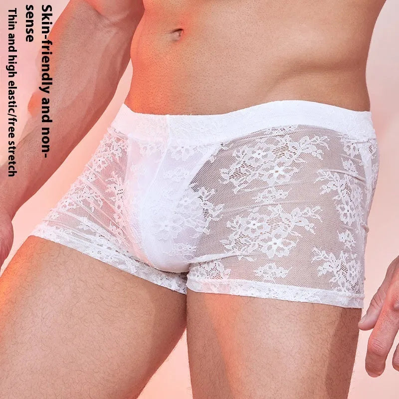 Men's black lace detail nylon boxers on a white background