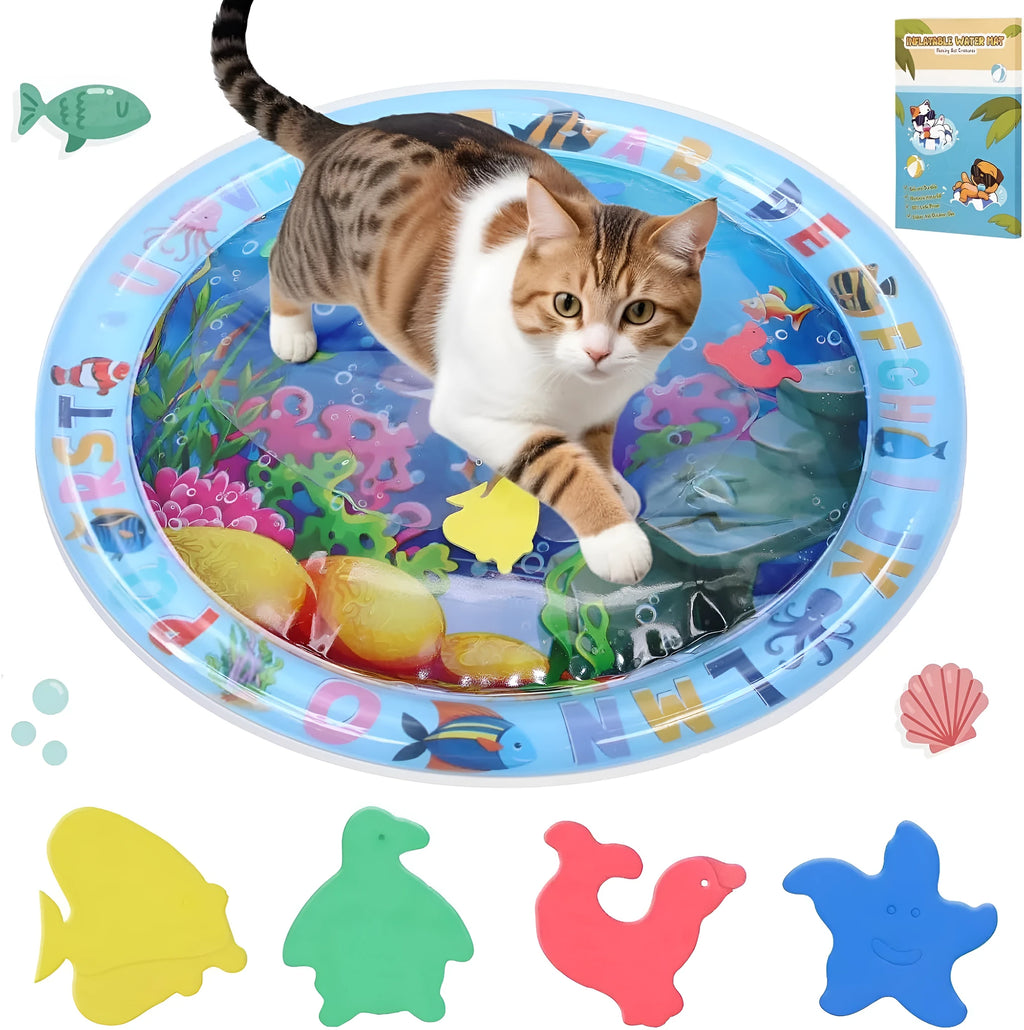 Square blue water sensory playmat for cats on floor, showing ocean fish design and floating toys inside.