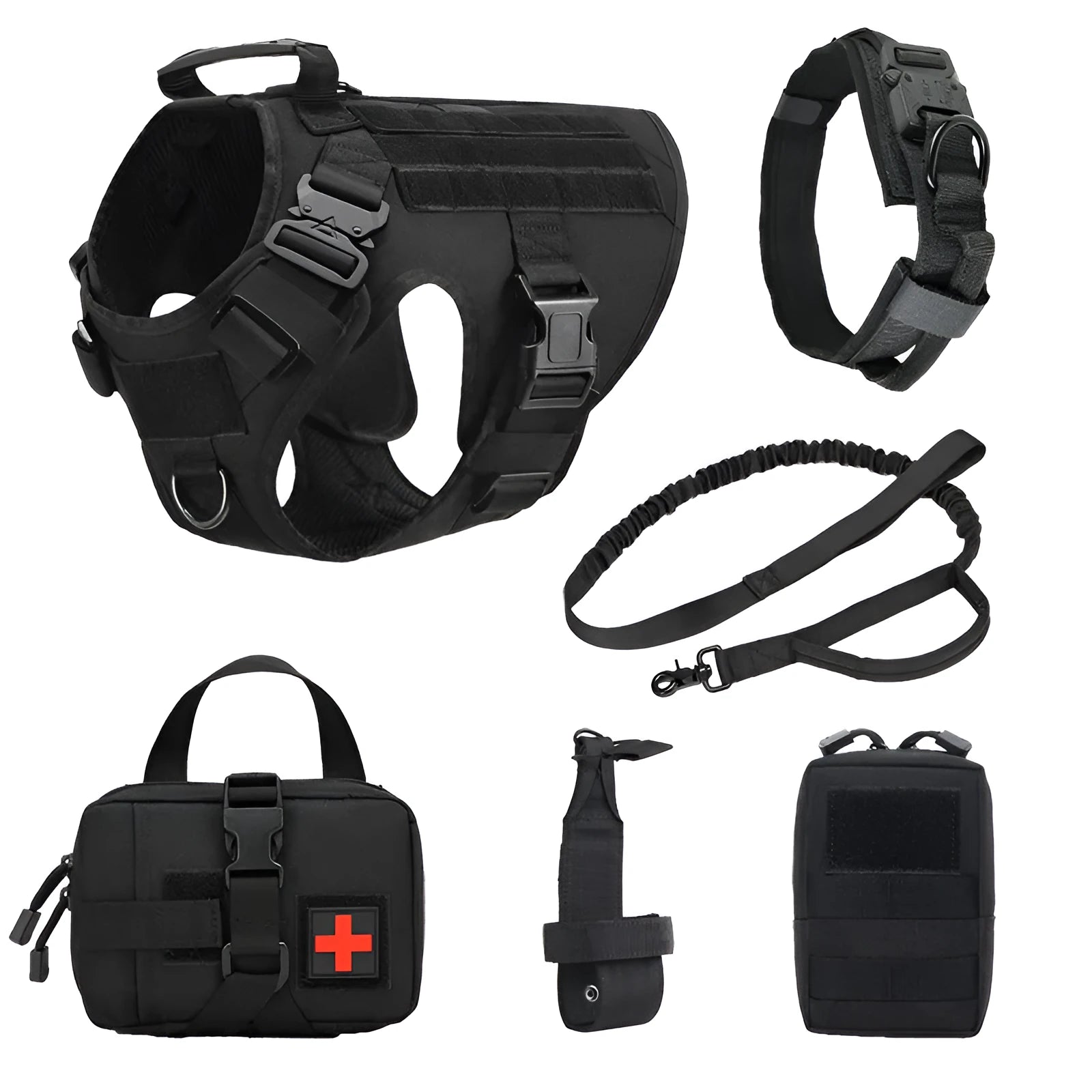 Dog wearing six-piece combat training vest in black polyester with multiple attachment points