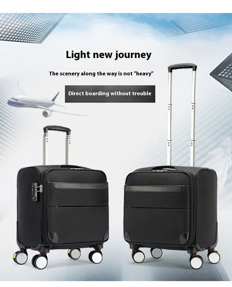 18-inch black business luggage with Oxford cloth construction and universal wheels