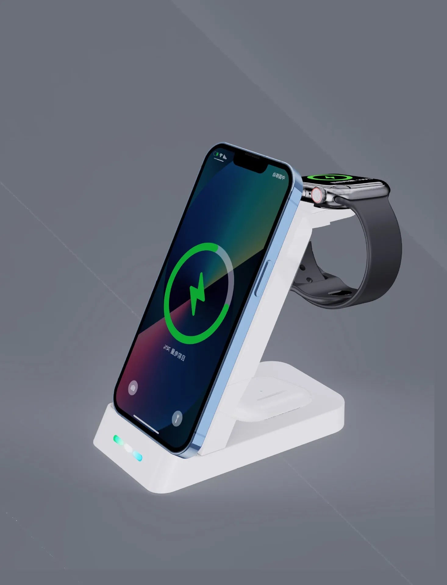 Black 3-in-1 wireless charging station for phone, AirPods and iWatch on a desk.