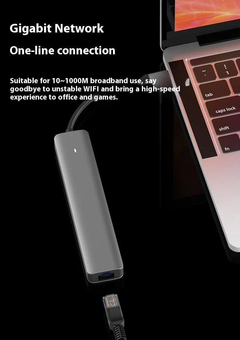 LQT-LH07 7-in-1 USB-C hub with HDMI port, USB-A ports, and SD/TF card reader slots for laptops.