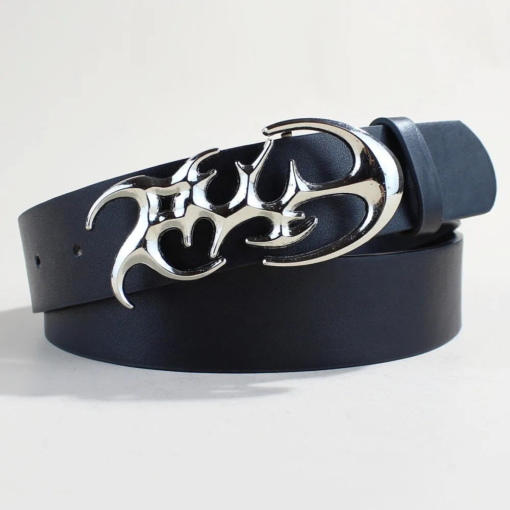 Casual silver buckle belt made from black PU leather with a 105cm length