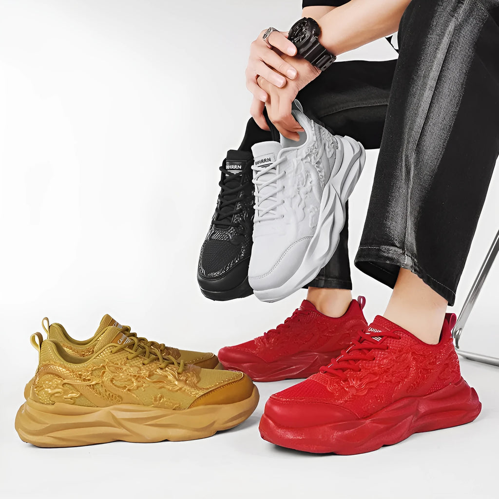 Men's casual fly knit sneakers with Chinese dragon design in various colours