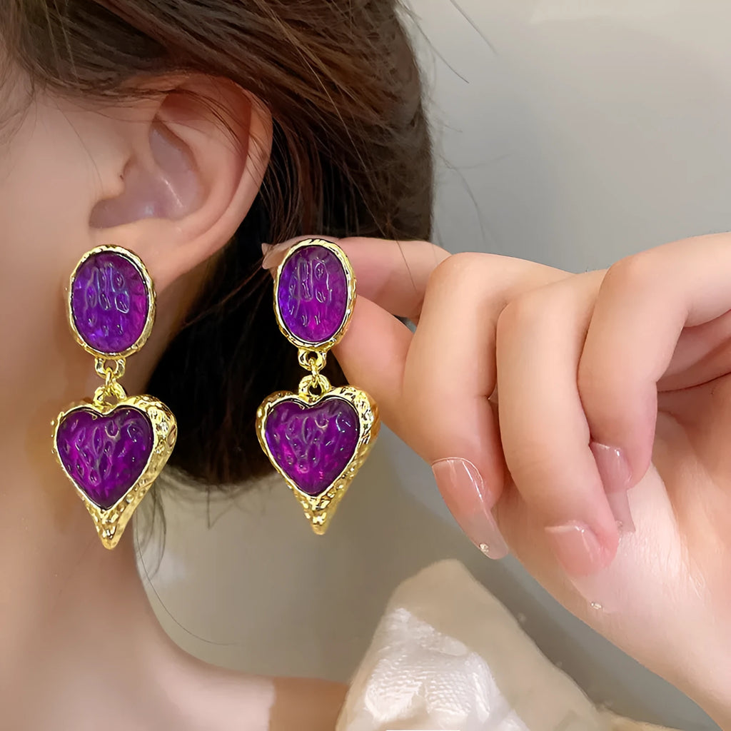 Oval love heart stud earrings with silver needle pleated finish in four colour options