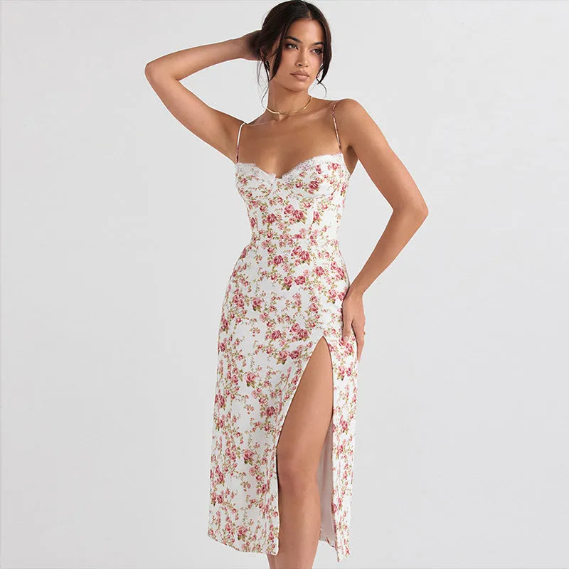 Women's long dress with lace flowers print, slit detail, and suspender straps in solid colour
