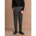 Men's straight-leg business casual trousers in draped style showing four colour options