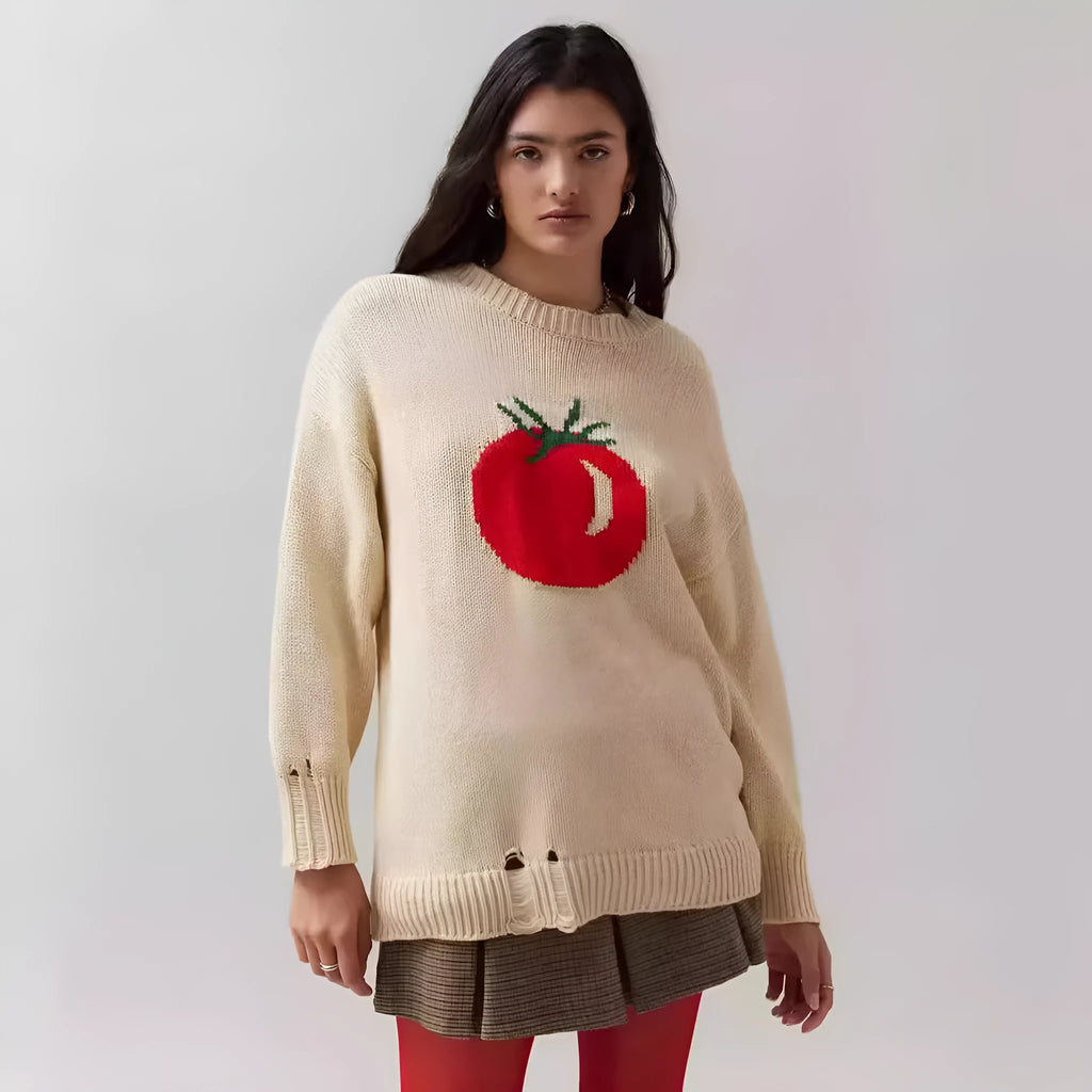 Women's milky white beige acrylic Jacquard pullover sweater with round neck and long sleeves.