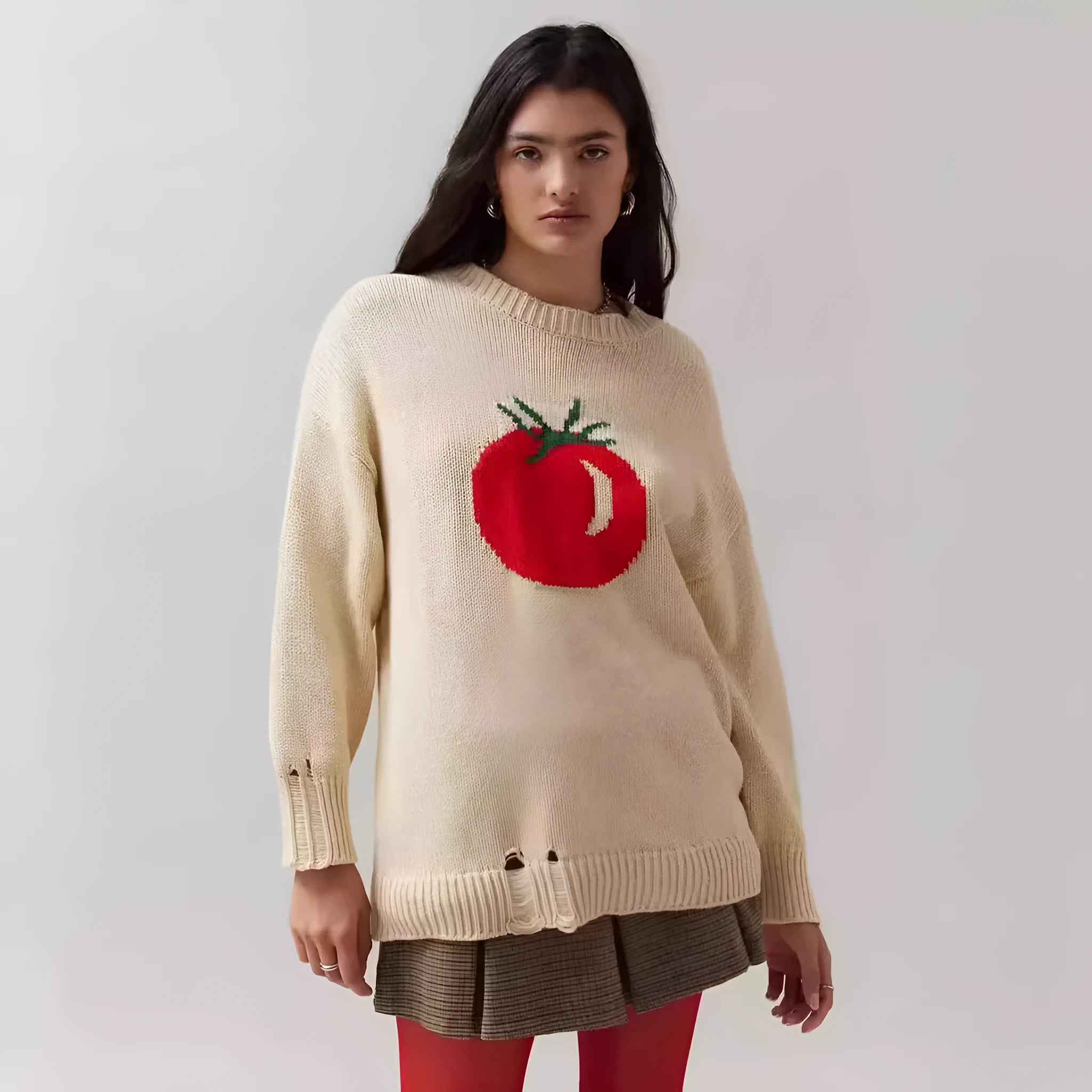 Women's milky white beige acrylic Jacquard pullover sweater with round neck and long sleeves.