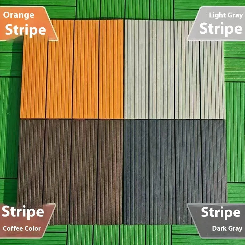 Pack of ten interlocking wood grain plastic floor tiles showing non-slip textured surface.