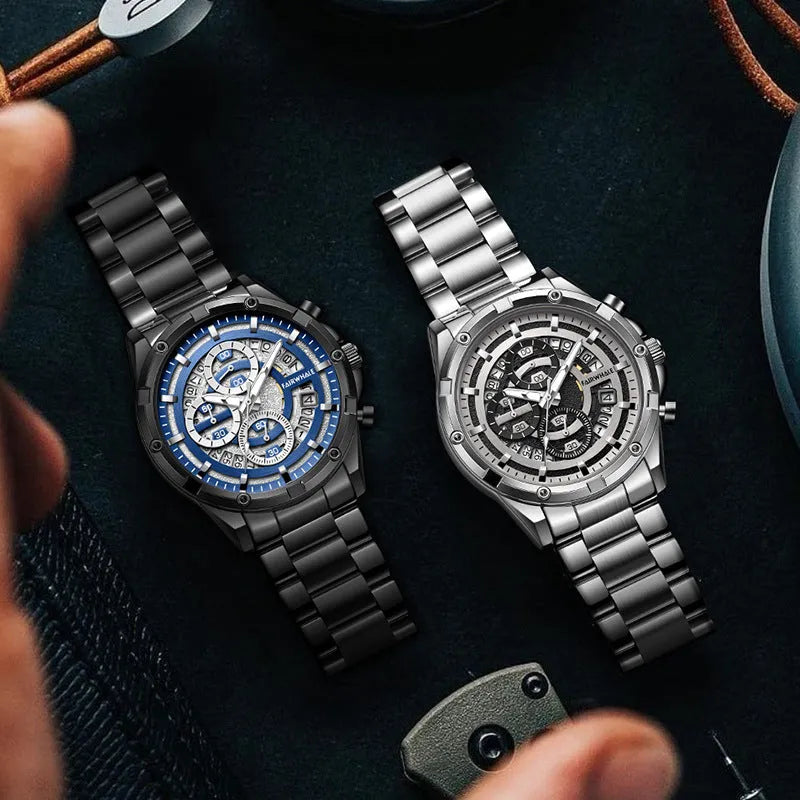 Men's waterproof luminous quartz watch with steel band in black and blue colour option