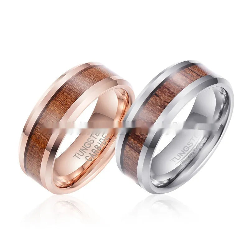 Men's tungsten ring with wood and leather Ugyen design on an 8mm rose gold band