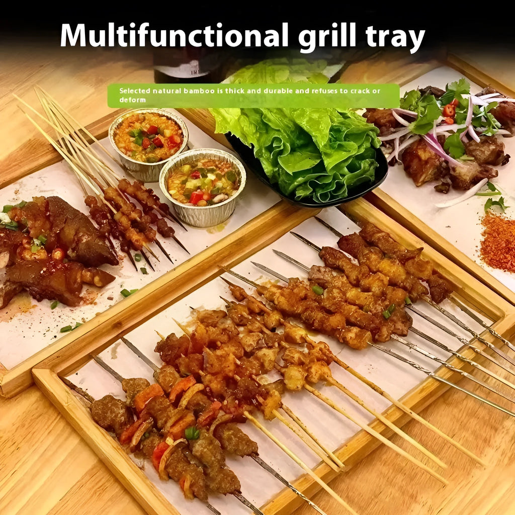 Brown handle bamboo square serving tray for barbecue shops and hospitality use