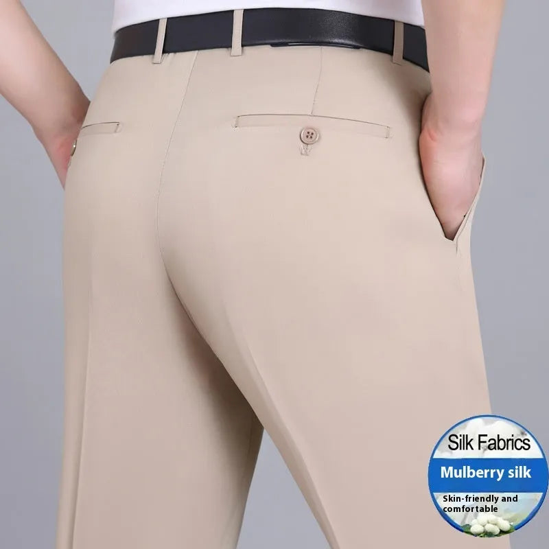Men's mulberry silk blend business trousers in straight cut with high waist
