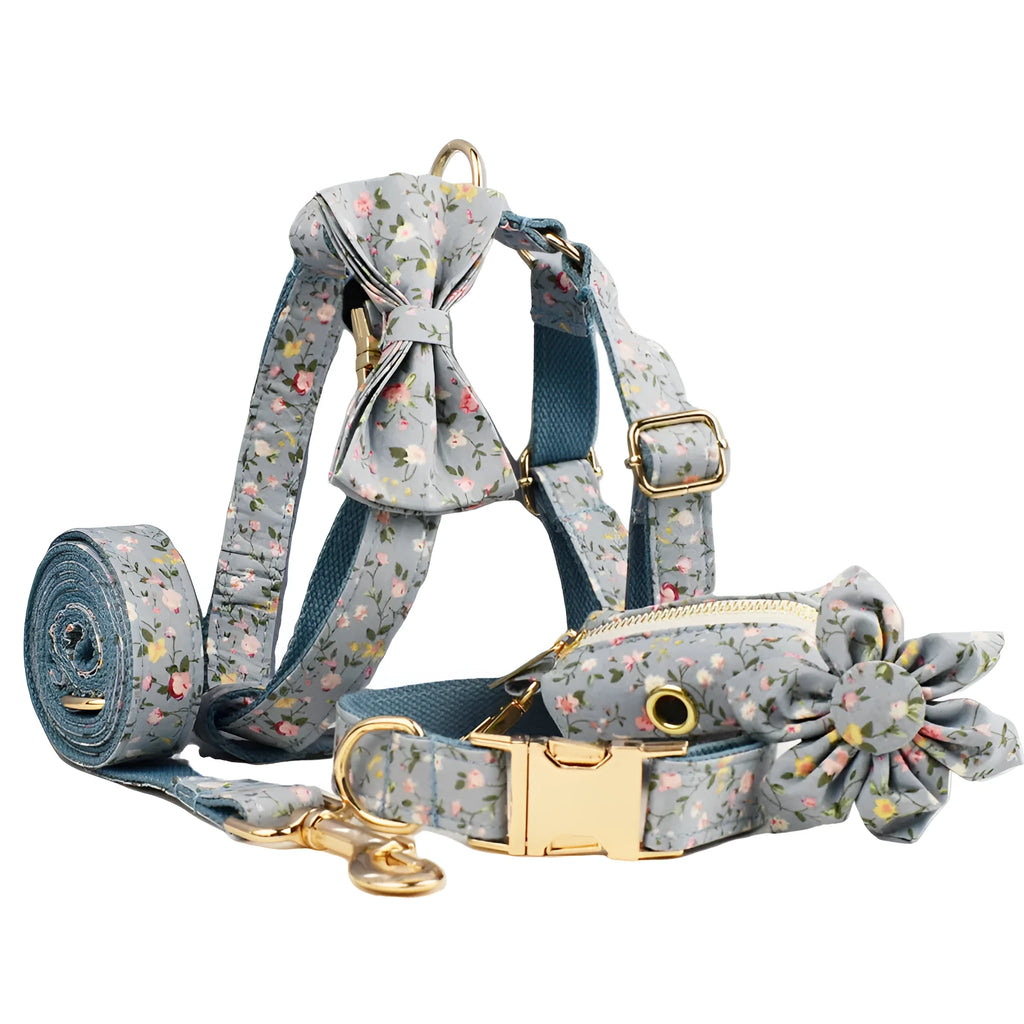 Blue floral polyester cotton dog collar set with matching leash, bow tie and vest accessories